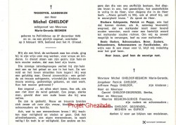 Michel Gheldof echtgenoot van Mevrouw Marie-Gerarda Beghein, overleden te Pollinkhove, den 3 Februari 1979 (32 jaar).